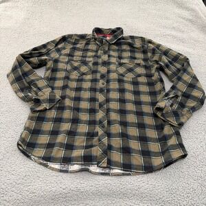 Quiksilver Shirt Mens XXL Plaid Flannel Olive Green Black Blue Cotton Heavy
